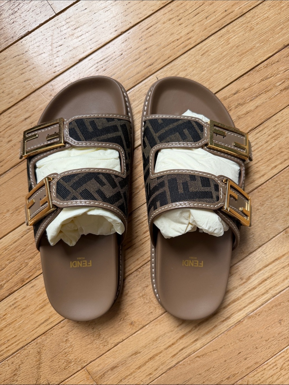 Fendi Women’s Brown FF Logo Double-Buckle Slide Sandals